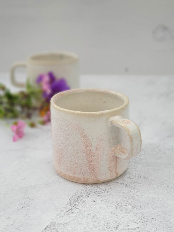 A Rose and White Small Wheel Thrown Pottery Espresso Mug Made By Hobbs Ceramics, Bicester, Oxfordshire
